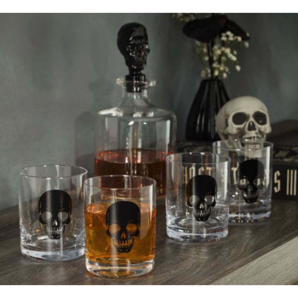 Oneida Vintro Halloween Black Skeleton 5-Piece Whiskey Set Spooky Glass Crystal